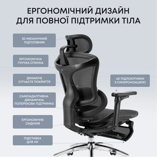 Офісне крісло Sihoo з підставкою для ніг DORO C300L Mesh Black with footrest (DORO-C300L-A3-101-JT) - picture 9