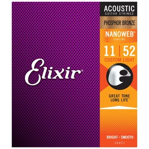 Струни для гітари Elixir 16027 Nanoweb Phosphor Bronze Acoustic Custom Light (11-52) (240662) зображення 1
