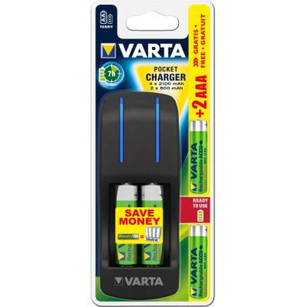 Зарядний пристрій для акумуляторів Varta Pocket Charger + 2AA 2100 mAh +2AAA 800 mAh NI-MH (57642301431) - изображение 1