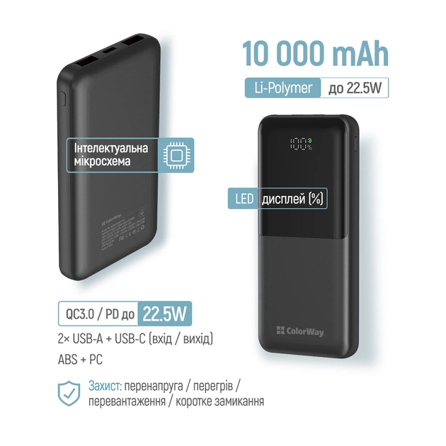 Батарея універсальна ColorWay 10 000 mAh PD/22.5W, QC/3.0, LCD, Black (CW-PB100LPB3BK-PDD) - зображення 7