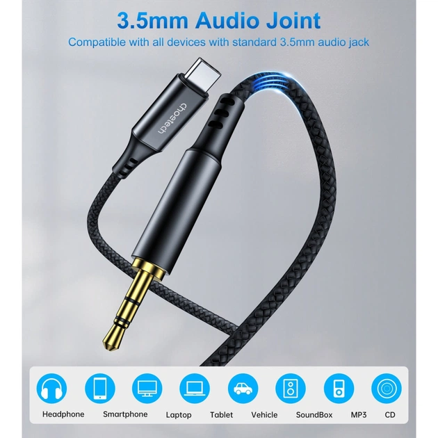 Перехідник USB-C to jack 3.5mm stereo audio (CDLA) 2.0m Choetech (AUX008-BK) - зображення 3
