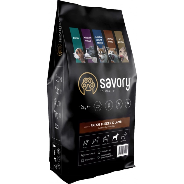 Сухий корм для собак Savory Medium Breed rich in Fresh Turkey and Lamb 12 кг (4820232630273) - зображення 1