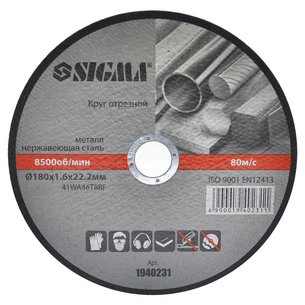 Круг відрізний Sigma по металу та нержавіючій сталі 180x1.6x22.2мм, 8500об/хв (1940231) зображення 1