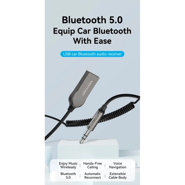 FM модулятор Vention AUX TRS 3.5мм USB Bluetooth 5.0 Coiled Cable 1.5M Gray Zinc (NAGHG) - picture 6