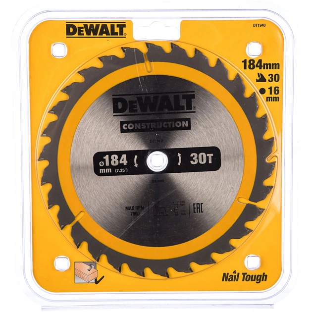 Диск пильный DeWALT СONSTRUCTION, 184 х 16 мм, 30 z, АТВ, 10 градусов (DT1940) - изображение 1