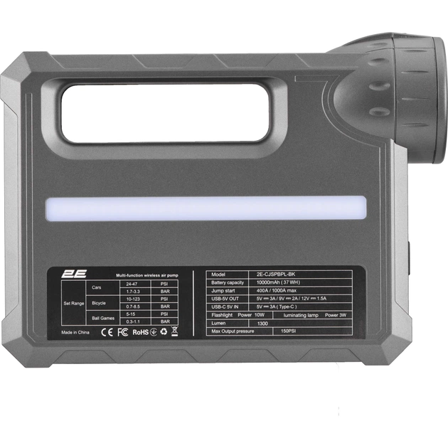 Пуско зарядний пристрій 2E Pitman з автомобільним компресором та ліхтарем, 10000 mAh/37Wh, 400 А, 1xUSB/2.4 A (2E-CJSPBPL-BK) - изображение 5