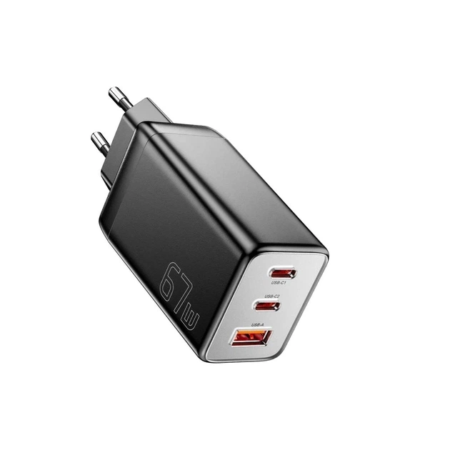 Зарядное устройство Essager 2xUSB-C + 1xUSB PD67W QC4.0 FCP GaN black (ECT67W-LJB01-Z) - изображение 1