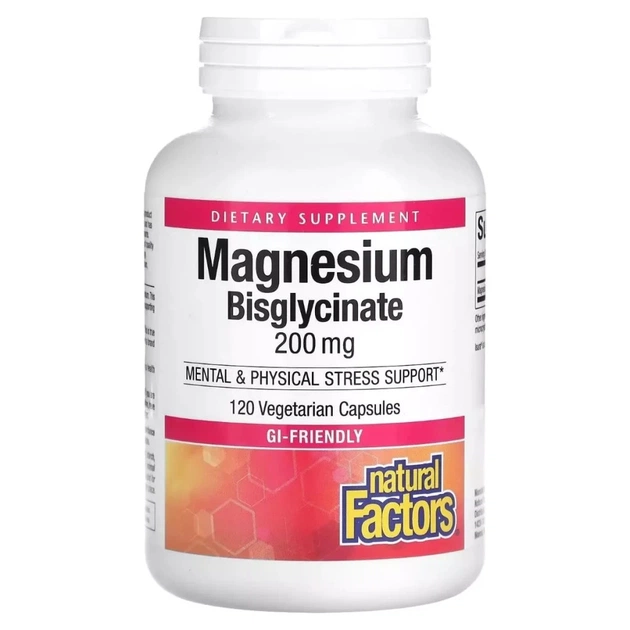 Мінерали Natural Factors Магній Бісгліцинат, 200 мг, Magnesium Bisglycinate, 120 вегетаріанськ (NFS-01641) - зображення 1