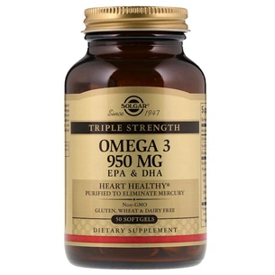 Жирные кислоты Solgar Омега-3, ЭПК и ДГК, Triple Strength, 950 мг, 50 желатиновых (SOL-02057) изображение 1