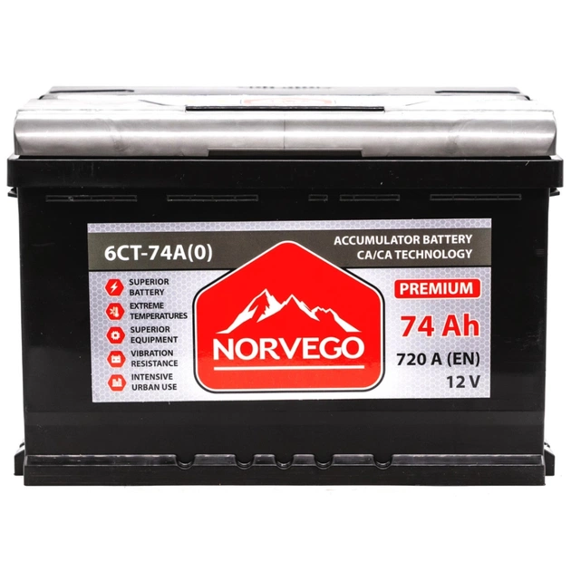 Акумулятор автомобільний NORVEGO ВЕСТА Premium 74A +прав (0) (720 пуск) - зображення 1