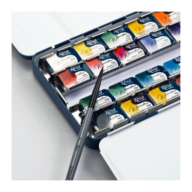 Акварельні фарби Rosa Gallery SPECTRUM, 28*2,5мл, з пензлем, кювета Індіго металевий пенал (4823098544784) - picture 5
