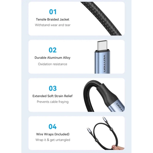 Дата кабель USB-C to USB-C 1.0m Thunderbolt 4 240W (50V/5A) 8K60Hz Gray Aluminum Alloy Vention (TAVHF) - picture 4