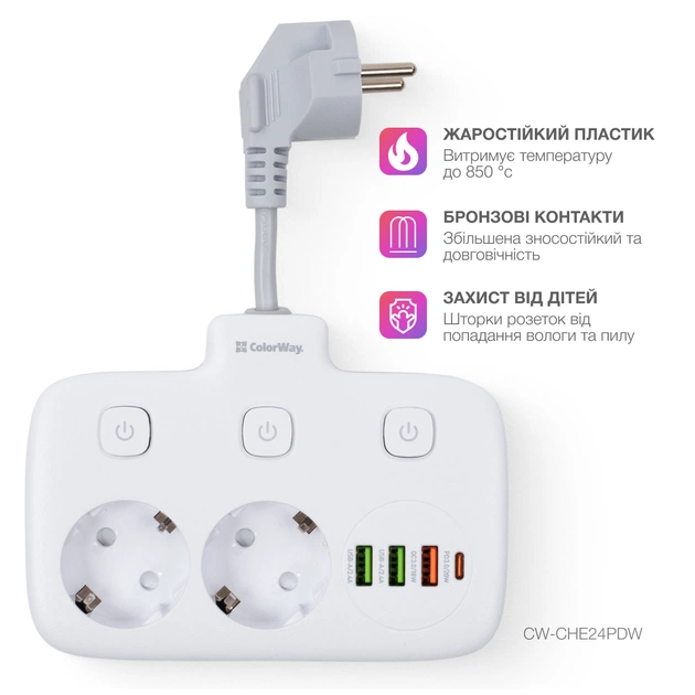 Мережевий фільтр живлення ColorWay CW-CHE24PDW 2 розетки/4USB (CW-CHE24PDW) - picture 8