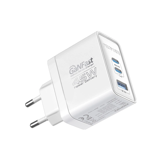 Зарядное устройство Promate powerport-45 2xUSB-C PD + USB-A QC 45W White (powerport-45.white) - изображение 1
