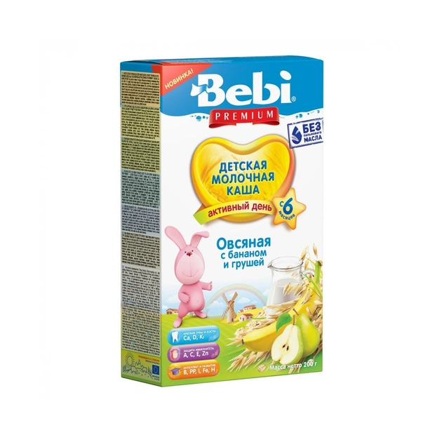 Дитяча каша Bebi Premium молочна вівсяна з бананом і грушею +6 міс. 200 г (3838471035545) - зображення 1
