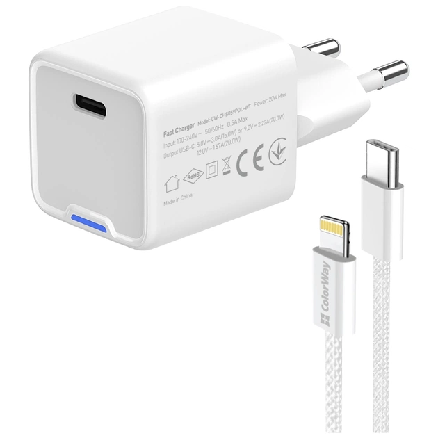 Зарядний пристрій ColorWay C101D GaN Mini 20W PD PPS USB-C + cable USB-C to Lightning white (CW-CHS059PDL-WT) - picture 5