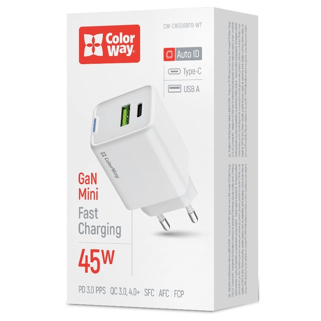 Зарядний пристрій ColorWay C101E GaN Mini 45W PD PPS USB-C + USB-A QC4.0 white (CW-CHS060PD-WT) - picture 6