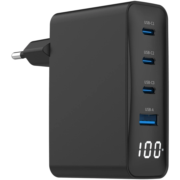Зарядное устройство Gembird 3xUSB-C PD100W + 1xUSB QC3.0 30W black (TA-UC-PDQC100LCD-01-BK) - изображение 1