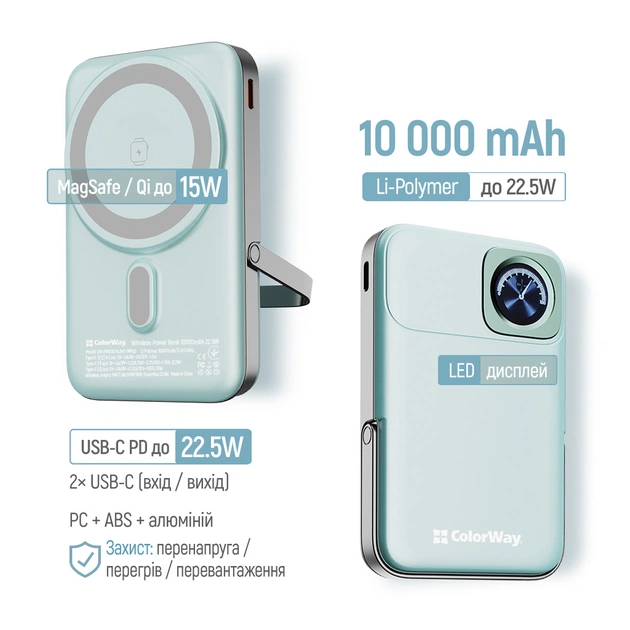 Батарея універсальна ColorWay 10 000 mAh PD/22.5W, 15W MagSafe & Watch Wireless Aquamarine (CW-PB100LPA2MT-WPDD) - зображення 6
