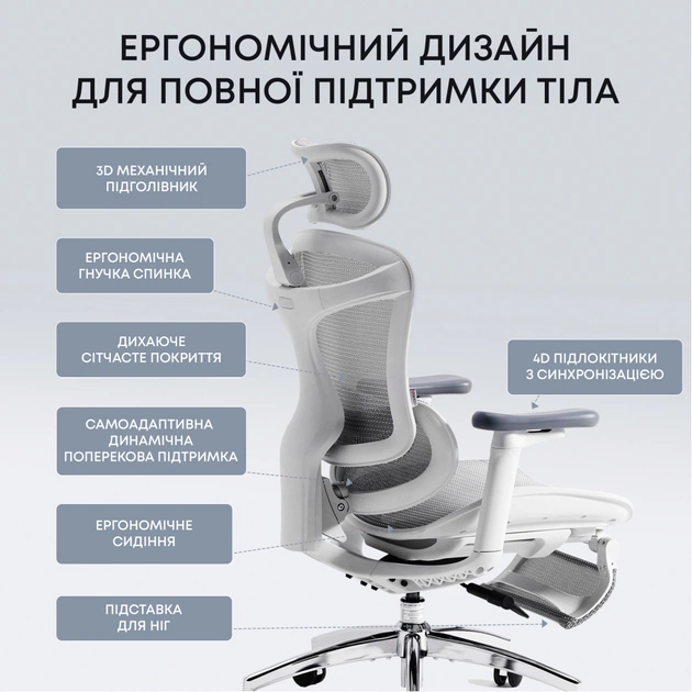 Офісне крісло Sihoo Крісло офісне з підставкою для ніг Sihoo DORO C300L Mesh White with foo (DORO-C300L-A3-102-JT) - зображення 10