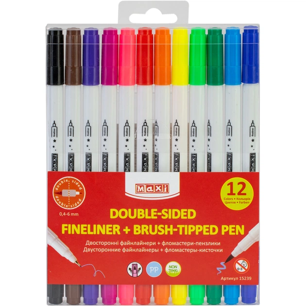 Фломастери Maxi пензлики BRUSH-TIPPED + лайнери 2в1, 12 кольорів, лінія 0,4-6 мм (MX15239) - зображення 1