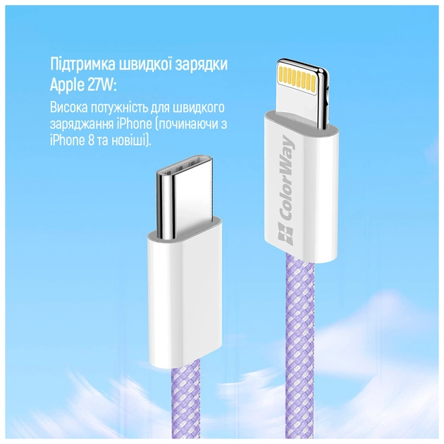 Дата кабель USB-C to Lightning 1.0m 27W purple ColorWay (CW-CBPDCL061-PU) - picture 9