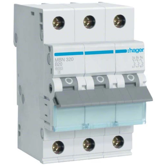 Автоматичний вимикач Hager 3-п. B 20A (6kA) 3M (B) (MBN320) - зображення 1