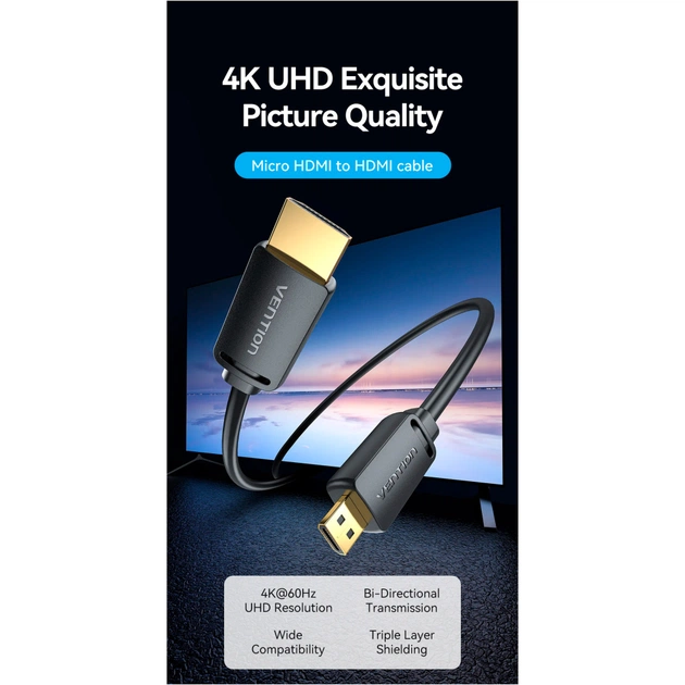 Кабель мультимедійний HDMI M to HDMI micro M 3.0m V2.0 4K 60Hz Vention (AGIBI) - picture 5