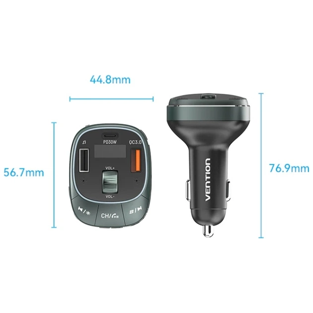 FM модулятор Vention PD 54W 3-Port USB (C+A+A) LED/USB Flash/Bluetooth, вольтметр (FFLB0) - picture 5