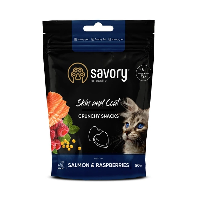 Ласощі для котів Savory для здоров'я шкіри та шерсті, лосось з малиною 50 г (4820232631386) - зображення 1
