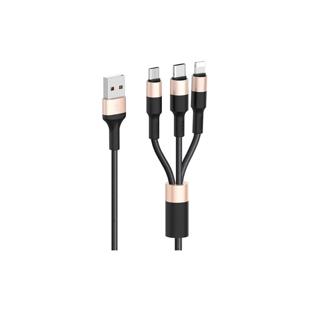 Дата кабель USB 2.0 AM to Lightning + USB-C + Micro 5P 1.0m 2A nylon X26 black+gold HOCO (6957531080275) - зображення 1
