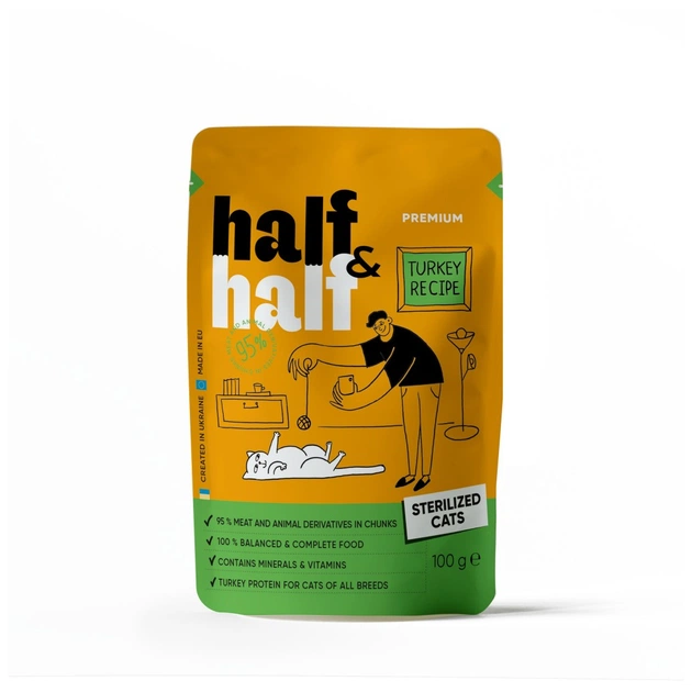 Влажный корм для кошек Half&Half для стерилизованных кусочки с индейкой в желе 100 г (4820261920895) - изображение 1