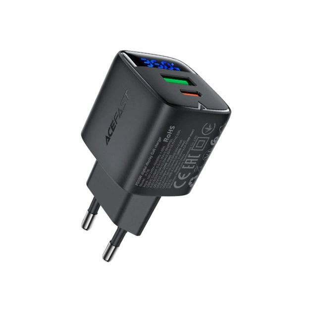 Зарядное устройство Acefast 1xUSB-C + 1xUSB 35W GaN with digital display black (6974316284468) - изображение 1
