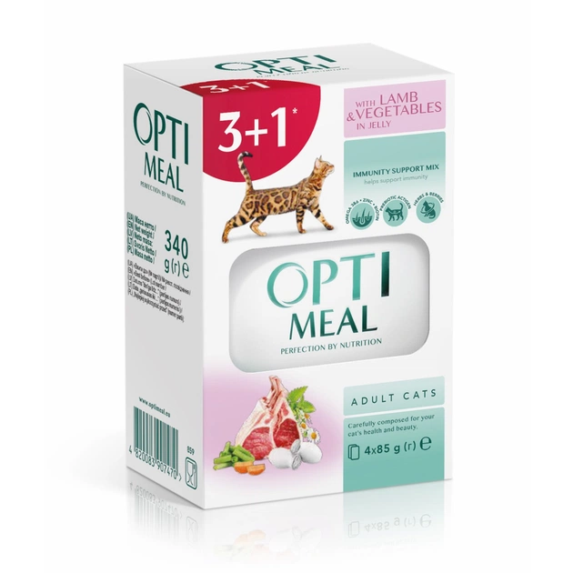 Вологий корм для кішок Optimeal з ягнятком та овочами у желе 4x85 г (4820083907470) - зображення 1
