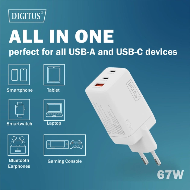 Зарядний пристрій Digitus 2xUSB-C + 1xUSB 67W GaN (DA-10303) - picture 4