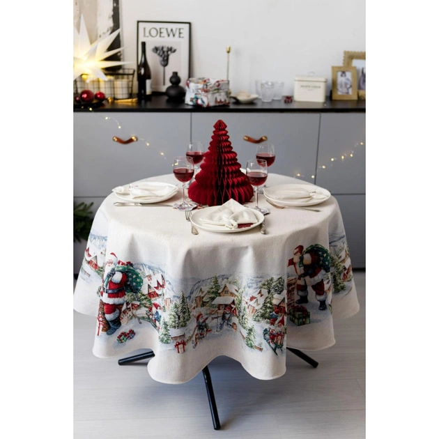 Скатертина Прованс гобеленова з велюром Снігова зима Dx180 см (037482) - picture 6