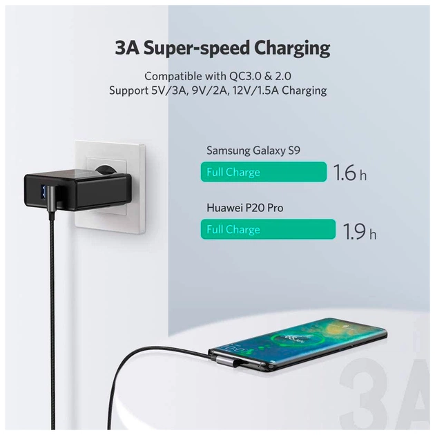 Дата кабель USB 2.0 AM to USB-C 3.0m 3A 90° corner US176 black Ugreen (70875) - picture 8