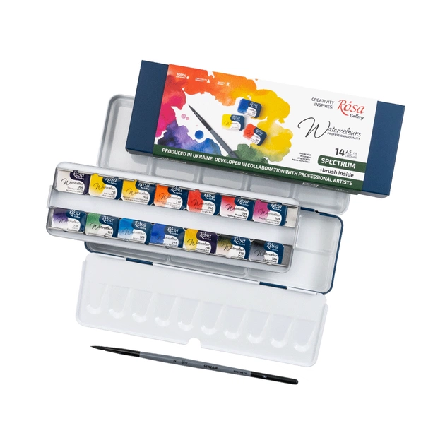 Акварельні фарби Rosa Gallery SPECTRUM, 14*2,5мл, з пензлем, кювета Індіго металевий пенал (4823098544760) - picture 8