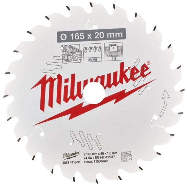 Диск пильный Milwaukee PFTE THIN KERF, 165х20х1,6мм, 24 зуб. (4932471931) - изображение 1