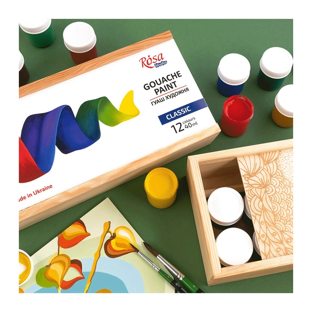 Гуашеві фарби Rosa Studio Classic 12 кольорів по 40 мл, дерев’яний пенал (4823098540625) - picture 2