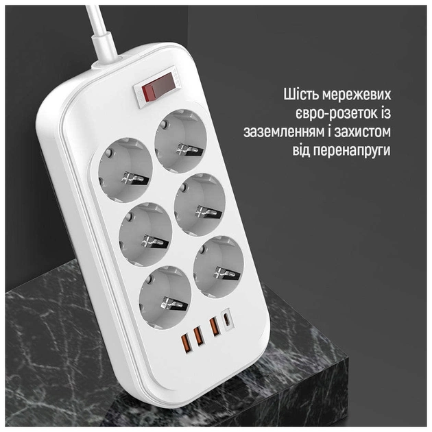 Мережевий фільтр живлення ColorWay CW-CHE64PDW, 6 розеток/4USB 2M (CW-CHE64PDW) - зображення 6