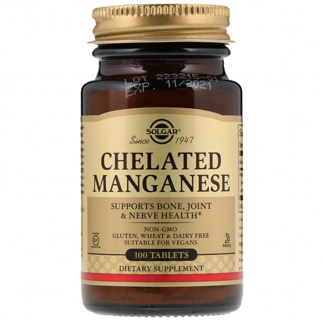 Минералы Solgar Марганець, Chelated Manganese, 100 таблеток (SOL-00720) - изображение 1