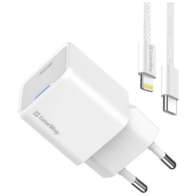 Зарядний пристрій ColorWay C101D GaN Mini 20W PD PPS USB-C + cable USB-C to Lightning white (CW-CHS059PDL-WT) - picture 4