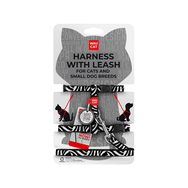Шлей для кошек Waucat Nylon с QR паспортом "Зебра" пластиковый фастекс (329-0055) - изображение 1