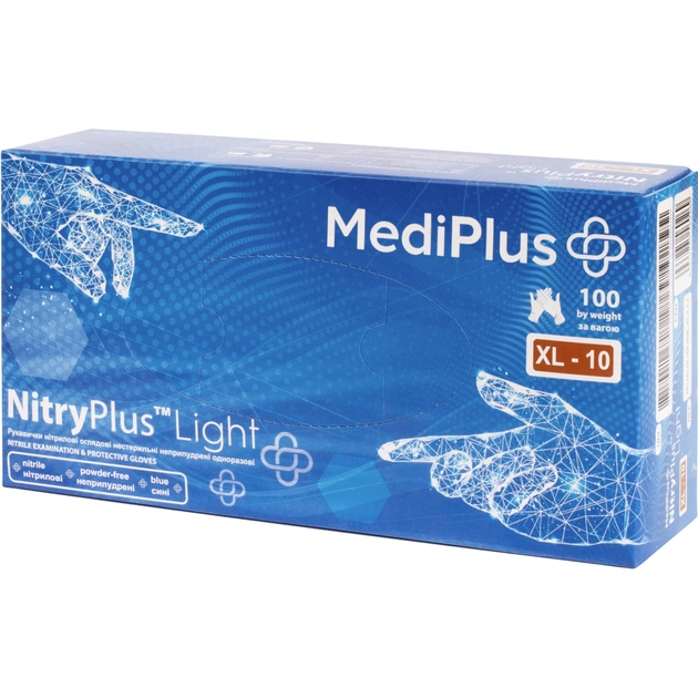 Медичні рукавички MediPlus NitryPlus Light Нітрилові оглядові нестерильні неприпудрені Сині Розмір XL 100 шт. (6933265560269) - picture 1