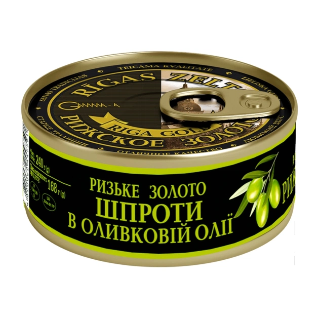Рибні консерви Ризьке золото Шпроти в оливковій олії 240 г з ключем (4820062447591) - picture 1