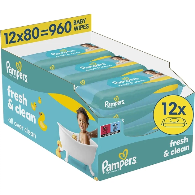 Детские влажные салфетки Pampers Fresh Clean 80 шт х 12 пачок (960 шт) (8006530134552) - изображение 1