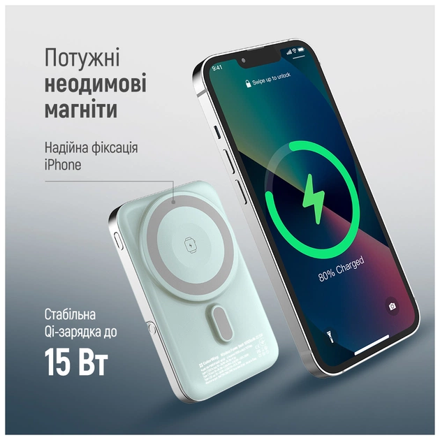 Батарея універсальна ColorWay 10 000 mAh PD/22.5W, 15W MagSafe & Watch Wireless Aquamarine (CW-PB100LPA2MT-WPDD) - зображення 9