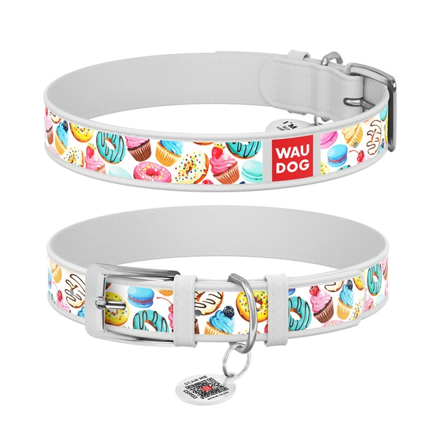 Ошейник для животных WAUDOG Design с QR паспортом "Пончики" Ш 20 мм Д 29-38 см белый (369315) - изображение 1