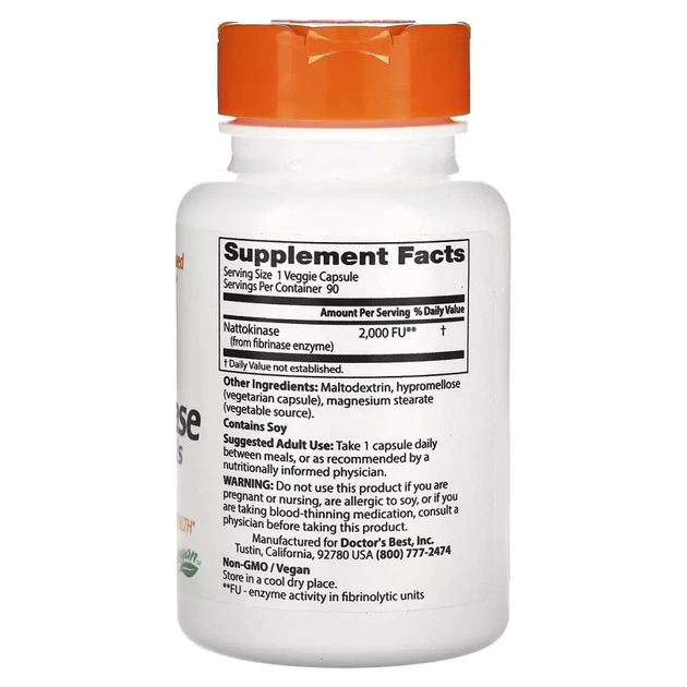 Пробіотики Doctor's Best Наттокіназа, 2000 FU, Nattokinase, 90 вегетаріанських капсул (DRB-00125) - зображення 2